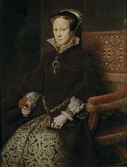 A formal seated portrait in the Spanish style of Mary I. She has a sallow fleshy face with reddish-brown hair and light eyes. Her mouth is firmly set and her eyes wary. She wears a dress of fine dark brown fur over a brocade underskirt heavily patterened in the florentine style. Her cap is bordered with jewels and pearls. Much of her jewellery is grey pearls. She holds a pair of kid gloves and a rose.