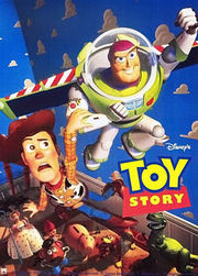 Film poster showing a toy cowboy anxiously holding onto a smiling toy astronaut (with wings) as he flies in a kid's room. Below them sitting on a bed are various smiling toys watching the pair, including a Mr. Potato Head, a piggy bank, and a toy dinosaur. In the lower right center of the image is the film's title. The background shows the cloud wallpaper featured in the bedroom.