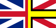 Union Flag divided vertically into two halves. The left half is traditional red, white and blue; the right half is yellow, black, red and white.