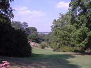 Grass clearing in a forested valley, with a cluster of modern buildings in the distance at the center