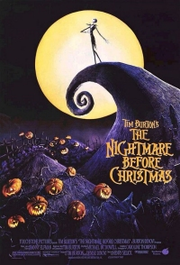 A skeleton-like figure wearing a suit stands on a curled cliff, in front of a yellow full moon. Below him are hills with jack-o-lantern pumpkins. On a mountain is written the title, "Tim Burton's The Nightmare Before Christmas".