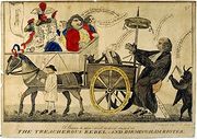 Caricature of a horse pulling a wagon with a man attached and being whipped by a devil. Onlookers jeer.