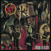 An image of the album cover featuring a demonic creature being carried on a chair by four people on each side. These people are carrying it over a sea of blood where several heads of corpses are floating. In the top left corner of the album is Slayer's logo while in the bottom right corner is the album title "Reign in Blood".