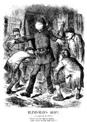 Drawing of a blind-folded policeman with arms outstretched in the midst of a bunch of ragamuffin ruffians