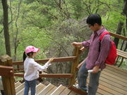 A man and a girl at a mountain stairway, playing the game of rock-paper-scissors while they go down.