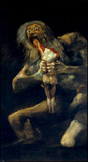 Painting of a ghoulish, naked man holding a bloody, naked body and devouring the arm .