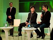 Eric E. Schmidt, Sergey Brin, and Larry Page sitting together