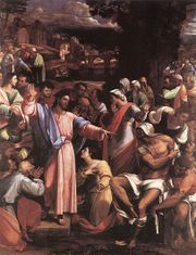 Realistic painting of a robed figure, arms extended, standing outside on a small platform among people doing various things such as talking to each other, but most of whom are looking at him.