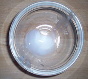 A round clear dish viewed from above with a translucent white liquid pooled at the bottom