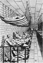 A drawing of a large room, with three long tiers of beds next to the left wall, with dozens of thin, dejected-looking men lying in them. The top tier consists of hammocks attached by ropes to ceiling bolts. The middle tier appears to be one large flat wooden platform. The lower tier consists of men lying on the bare floor. The right side of the room is only partly shown but appears to be the same as the left.