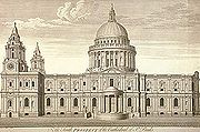 Christopher Wren's drawing of his new St Pauls. The building is quite fat, with two fussy pinacle towers at the west end. In the middle is a huge dome, which looks a bit like a breast on a wedding cake.