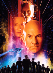 Movie poster for Star Trek: First Contact, showing head shots of Patrick Stewart as Captain Jean Luc Picard, Brent Spiner as Data, and Alice Krige as the Borg Queen, from bottom to top; the bottom shows an image of the starship Enterprise E speeding to the background over an army of Borg drones.