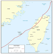 A map depicting Taiwan and a part of China showing that the Surface-To-Air Missiles coverage of China extends to most of the west coast of the island