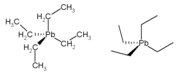 Two chemical diagrams of tetra-ethyl lead, or (CH3CH2)4Pb. On the left one, carbon and hydrogen are labeled, on the right they are shown as lines only.