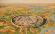 A wide valley with a meandering river and a straight canal branching off and flowing through a circular city with two concentric city walls, surrounded by agricultural fields