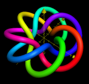 "A cord wound seven times around a torus and reconnected to its beginning, forming a closed loop. In the process, the cord completes three circuits of the torus, forming a (3, 7) torus knot."