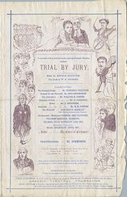 A page of the theatre programme showing, in a box at the centre, the cast and credits of Trial by Jury. It is bordered with illustrations of the action, with, at the top, Angelina embracing the Judge with a manipulative expression, while he appears to be in a quandry.