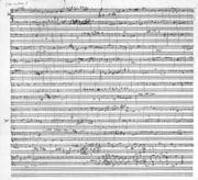  A hand-written musical score of with ten lines of treble and bass