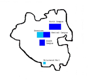 Black outline of city with three blues blocks in the center, one cyan block in the center, and one cyan block at the bottom inside the black outline