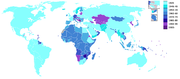 A map of the world with countries displayed in colours corresponding to the dates the countries joined the United Nations. Countries not involved with the United Nations are shown in grey.