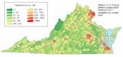 A map of Virginia with areas colored in green for low population changing to red for areas of high population. The most red areas are in the very north of the state, the center of the state, and the very south-east of the state. The rest is mostly green.