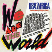 An album cover with "We Are the World" spelled out across the left and bottom in papier-mâché-style. To the top right of the cover is "USA for Africa" in blue text, under which names are listed against a white background.