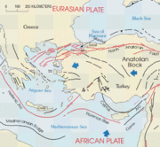 A high concentration of fault lines in northwestern Turkey, where the Eurasian and African plates meet; a small number of faults and ridges also appear under the Mediterranean