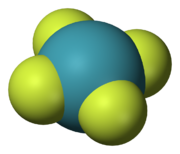 A model of planar chemical molecule with a blue center atom (Xe) symmetrically bonded to four peripheral atoms (fluorine).