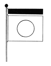 A diagram of a white flag with a black ring. A black ribbon and ball appear above the flag.