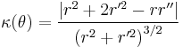 \kappa(\theta) = \frac{|r^2 + 2r'^2 - r r''|}{\left(r^2+r'^2 \right)^{3/2}}