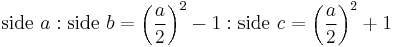 \mbox{side }a�: \mbox{side }b = \left({a \over 2}\right)^2 - 1�: \mbox{side }c = \left({a \over 2}\right)^2 + 1