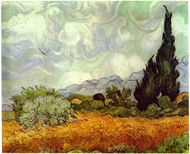 An open field of yellow wheat, under swirling and bright white clouds in an afternoon sky. A large cypress tree to the extreme right painted in shades of dark greens with swirling and impastoed brushstrokes. There are several smaller trees to the left and around the cypress tree are more small trees and several haystacks. There are blue-gray hills on the horizon in the background.