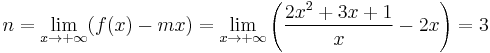 n=\lim_{x\rightarrow+\infty}(f(x)-mx)=\lim_{x\rightarrow+\infty}\left(\frac{2x^2+3x+1}{x}-2x\right)=3