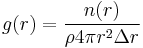 g(r) = \frac{n(r)}{\rho 4\pi r^2 \Delta r}