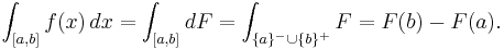 \int_{[a, b]} f(x)\,dx = \int_{[a, b]} dF = \int_{\{a\}^- \cup \{b\}^+} F = F(b) - F(a).