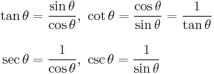 
\begin{align}
\tan\theta & = \frac{\sin\theta}{\cos\theta},\ \cot\theta = \frac{\cos\theta}{\sin\theta} = \frac{1}{\tan\theta} \\[10pt]
\sec\theta & = \frac{1}{\cos\theta},\ \csc\theta = \frac{1}{\sin\theta}
\end{align}
