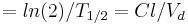 \textstyle = ln (2) / T_{1/2} = Cl / V_{d}