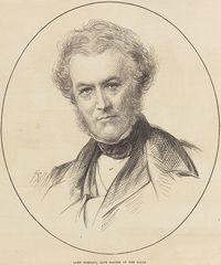 An engraving of a middle-aged man in formal nineteenth century dress, with sideburns and tousled hair