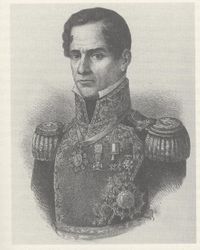 Lithograph depicting head and shoulders of a middle-aged, clean-shaven man wearing an ostentatious military uniform.