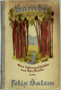 Book cover with the title Bambi at the top. Below it is a  drawing of a stream flowing through some trees, then the book's subtitle "Eine Lebensgeschichte aus dem Walde" and the name Felix Salten.