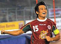 Bhutia jubiliant after scoring for Mohun Bagan AC against East Bengal.