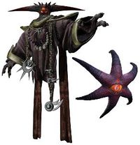 A dark-colored alien with three red eyes and sideways-pointing, pointy ears, and donning an oversized robe, reaches forward menacingly with his left arm. Another alien, who has a body resembling a purple six-pointed star and a single eye resembling those of the other alien, hovers beside.