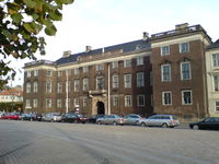 Three story palace with two large wings. Many decorative elements such as cornices, window pediments, and a stone balcony over the entrance.