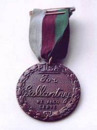 Bronze medal encircled in a laurel wreath and inscribed "PDSA For Gallantry We Also Serve" held from a ring suspender by a ribbon consisting of three equal vertical stripes of dark green, brown and pale blue.