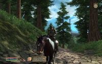 A knight on horseback rides through a coniferous forest towards the camera. A heads-up display containing icons, horizontal bars, and a compass is shown along the sides of the panel.