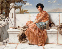 Painting of a woman dressed in Greek robes sitting on a marble bench with trees and water in the distance