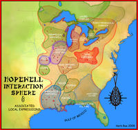 A northerly section focusing on the Saugeen, Laurel and Point Peninsula complexes of the map showing south eastern United States and the Great Lakes area of Canada showing the Hopewell Interaction Sphere and in different colours the various local expressions of the Hopewell cultures, including the Laurel Complex, Saugeen Complex, Point Peninsula Complex, Marksville culture, Copena culture, Kansas City Hopewell, Swift Creek Culture, Goodall Focus, Crab Orchard culture and Havana Hopewell culture.