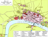 The city of London is shown north of a river labeled "Thames River." There is a single bridge over it. Southwark occupies a small area on the south bank, across the bridge. A blue dot is shown at the south end of Southwark.