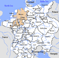 Map of a large region (in white) including all the territory of modern Germany, Austria, Switzerland, Belgium and the Netherlands, plus parts of most neighbouring countries, including most of Northern Italy. Some of the northwest part region is highlighted in color, including Münster, most of the Netherlands and parts of modern Belgium.