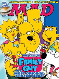 Cover of a magazine. The caption along the bottom in bold blue reads "We Salute Family Guy, TV's Most Original TV Series" in all caps. Centered is the Griffin family slightly altered to resemble characters of the Simpsons family from the animated series The Simpsons. Along the top is Mad Magazines’ logo: the word "MAD" in red caps.